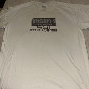 VINTAGE  Hersheys Shirt Mens Large White Brown May Cause Attitude‎ Adjustment